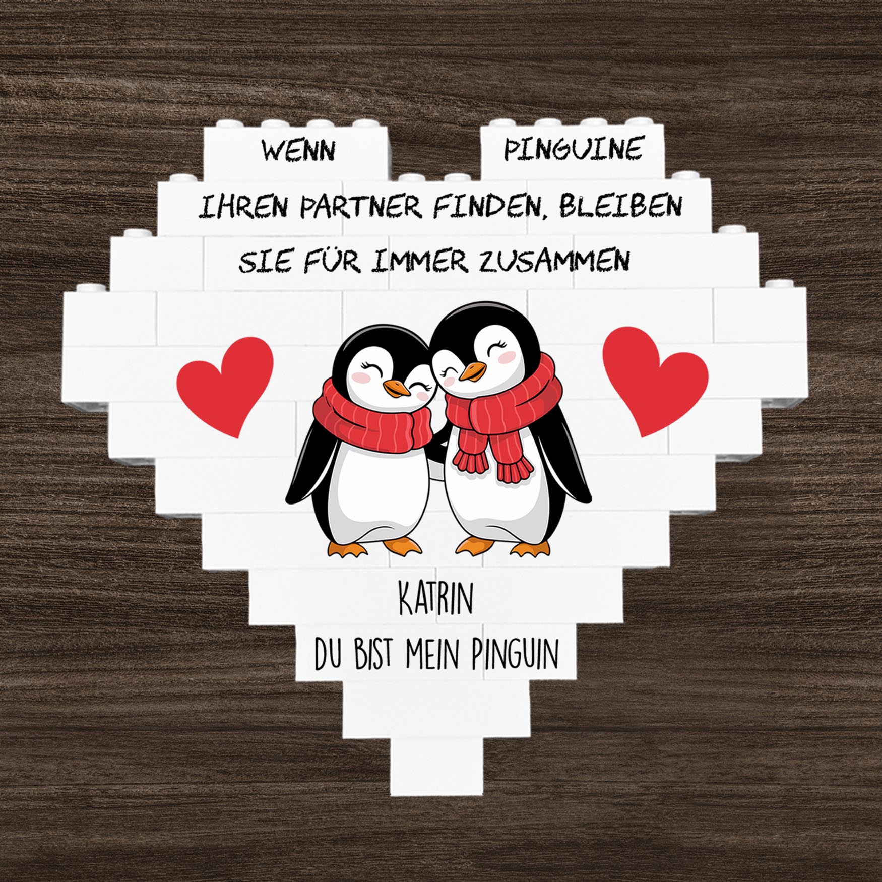 Personalisiertes Herz aus Klemmbausteinen – Verliebte Pinguine