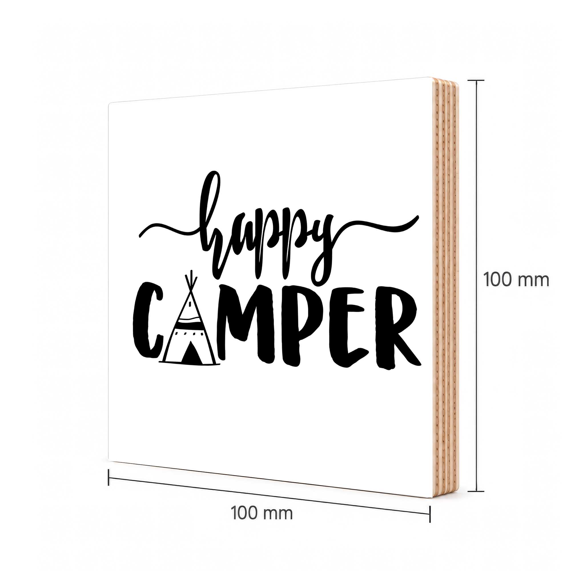 Woodprint Happy Camper – Schriftzug mit Zeltzeichnung – Motiv 004