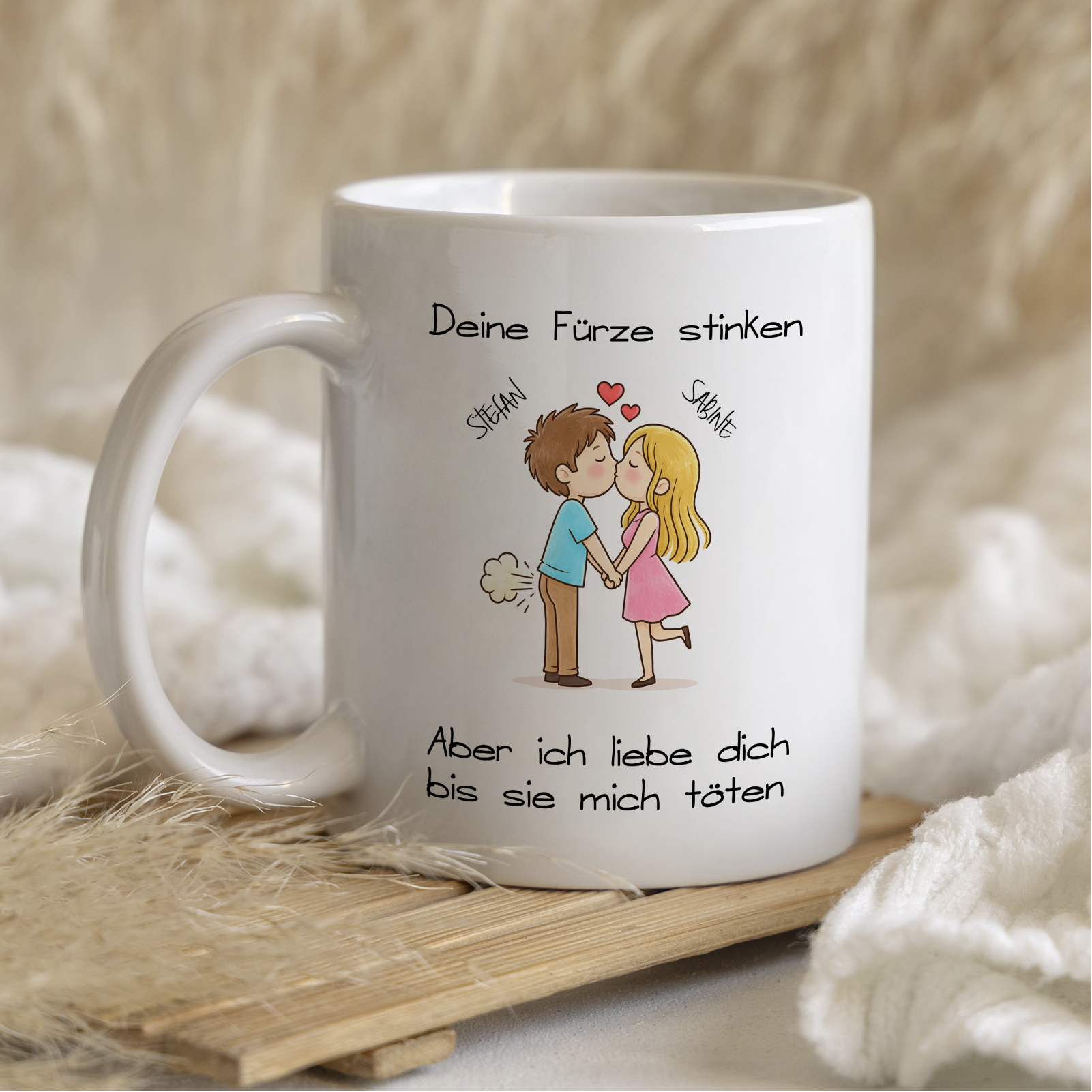 Keramiktasse 330ml „Deine Fürze stinken, aber ich liebe dich“ – personalisiert mit 2 Namen & Wunsch-