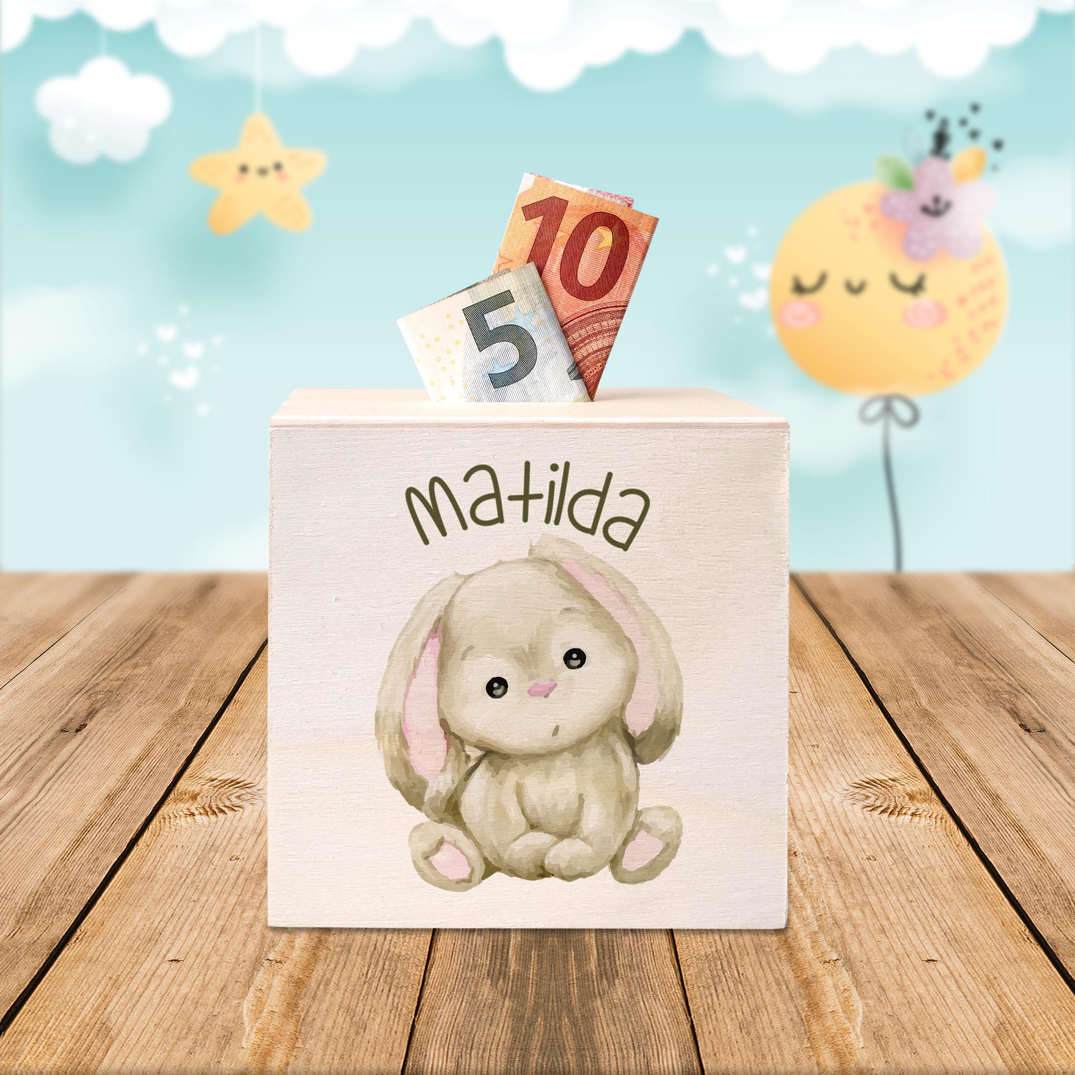 hübsche Holzspardose: personalisierbare Sparbüchse Motiv 07 Hase