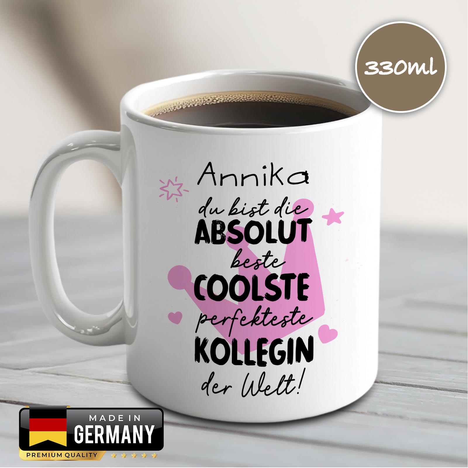Personalisierte Tasse 330 ml – beste coolste Kollegin der Welt – beidseitig bedruckt mit Wunschname