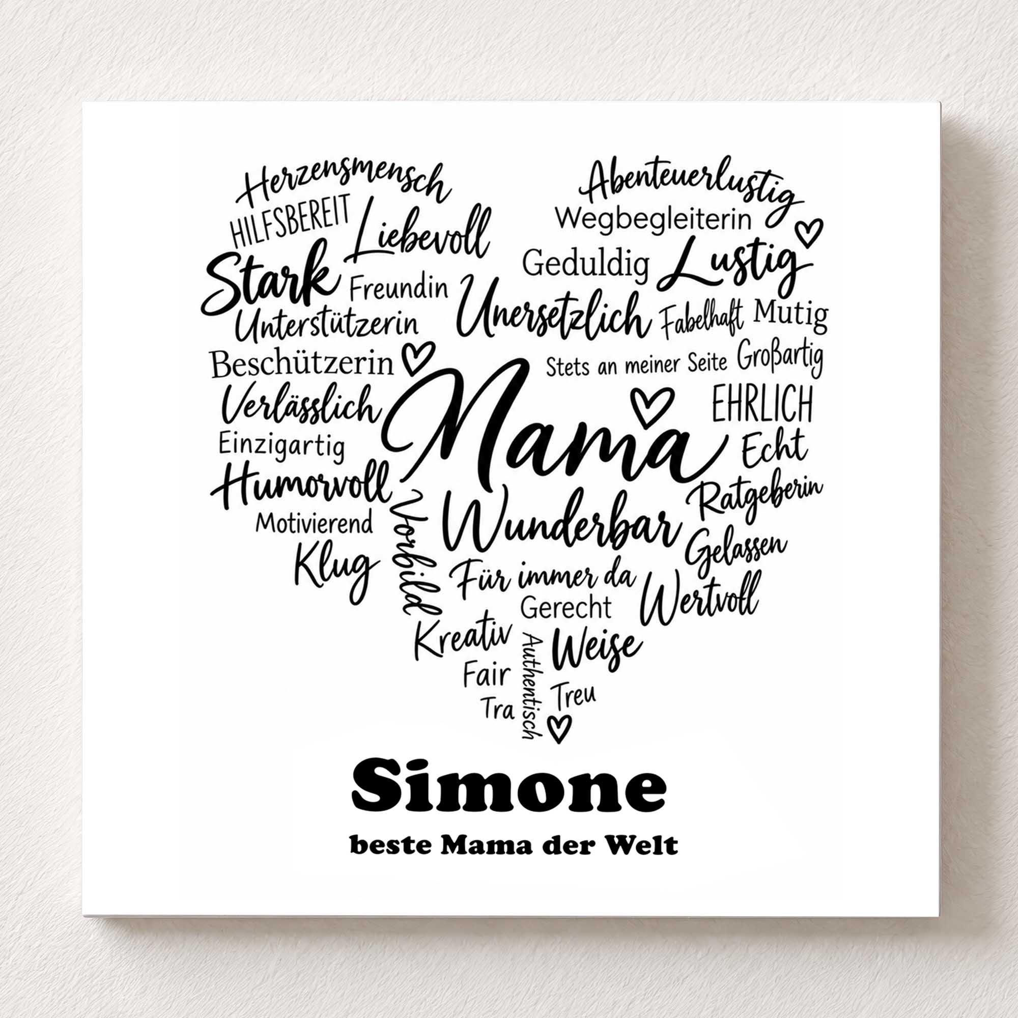 Woodprint personalisiert – Wortwolke Herz Mama & Wunschname – Motiv P061
