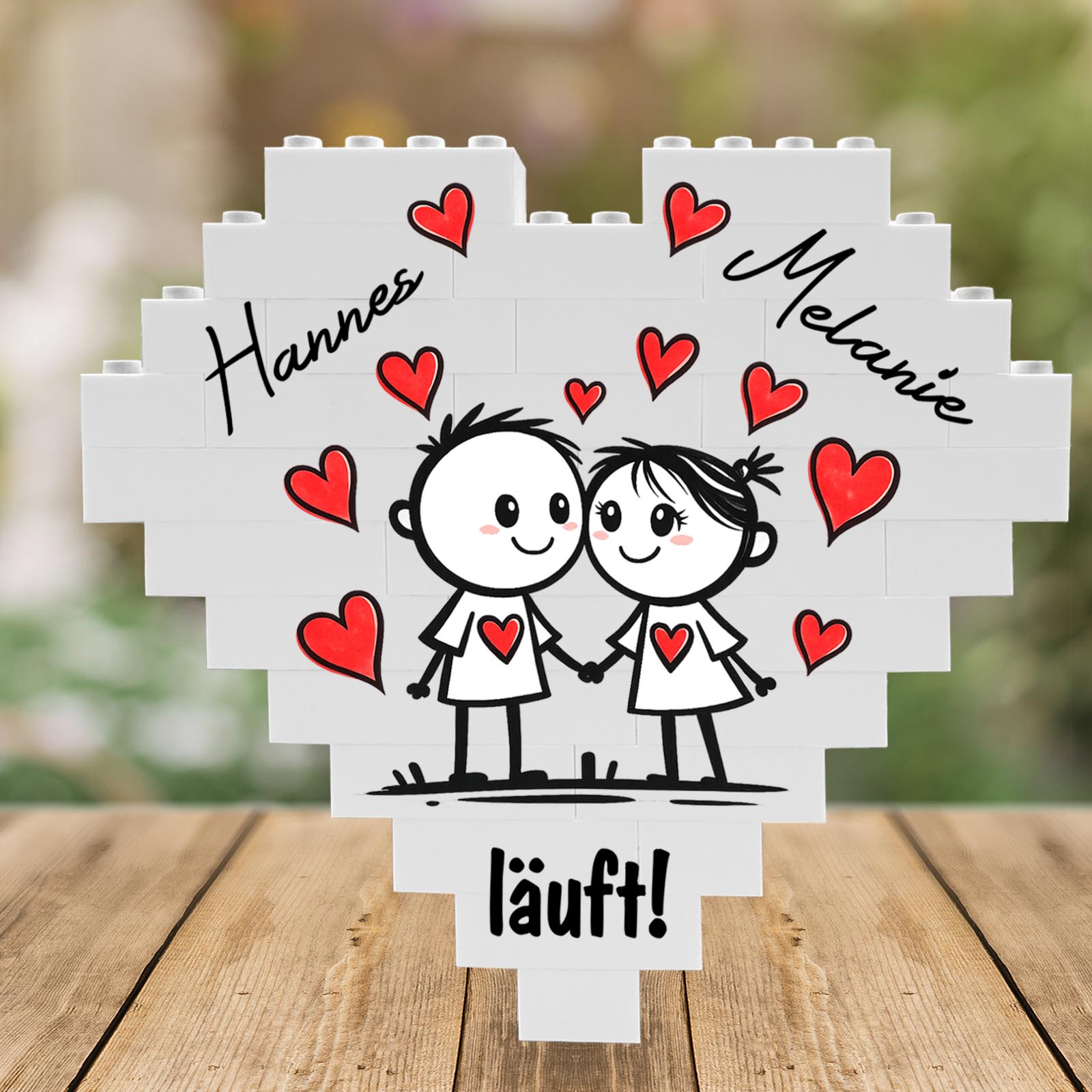 Personalisiertes Herz aus Klemmbausteinen - Liebespaar „läuft!“
