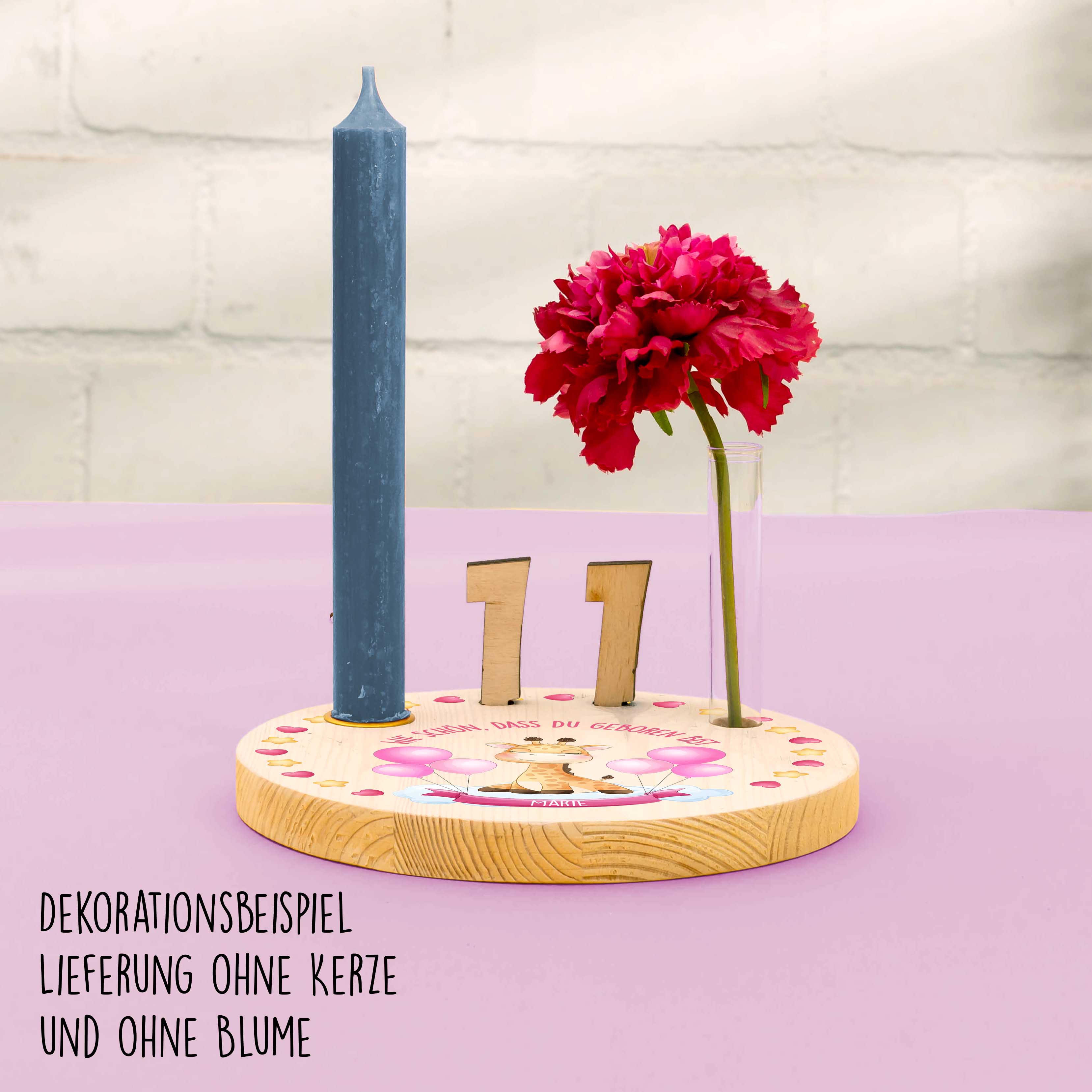 Geburtstagskranz  aus Holz mit  Wunschnamen personalisiert - Motiv 35 Giraffe rosa