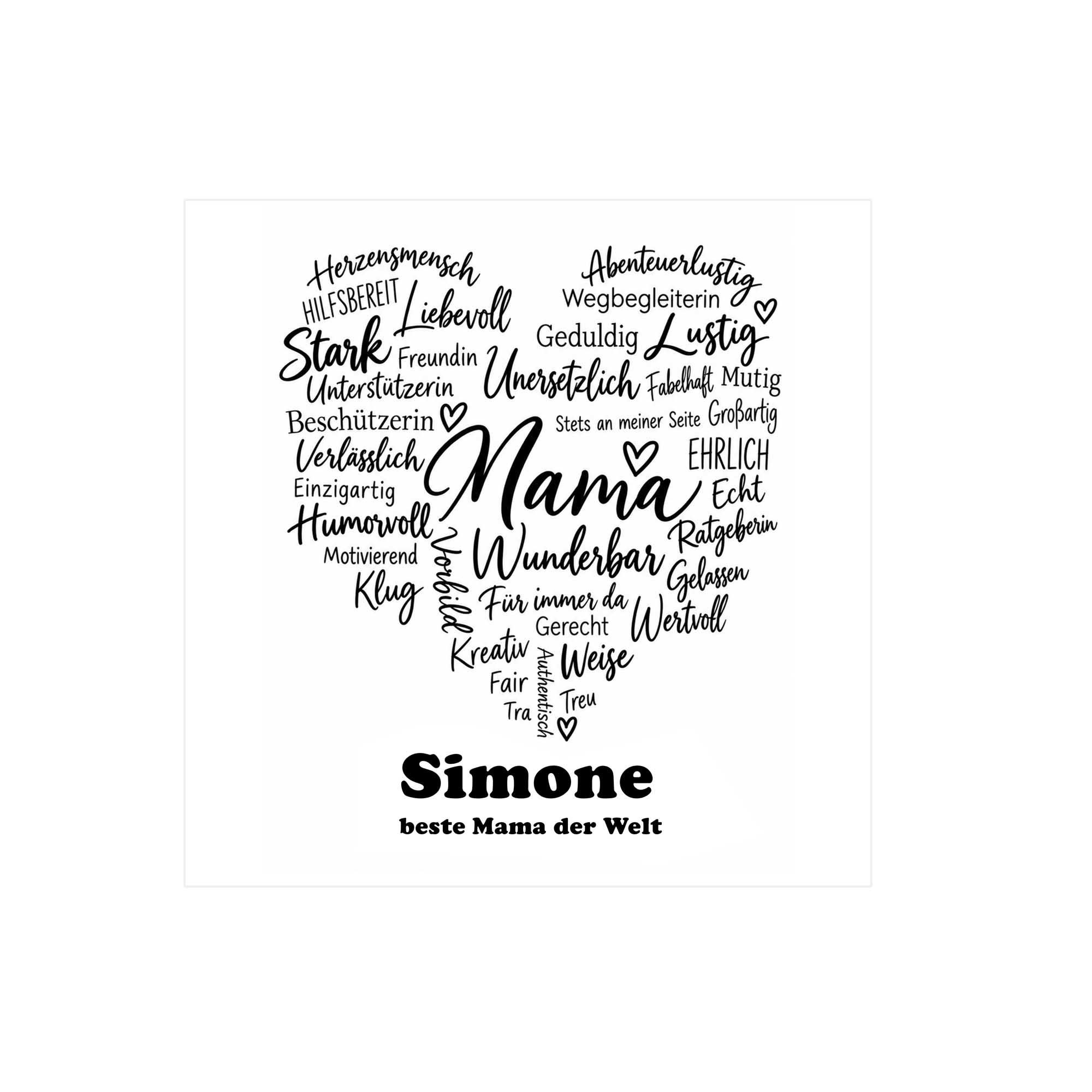 Woodprint personalisiert – Wortwolke Herz Mama & Wunschname – Motiv P061