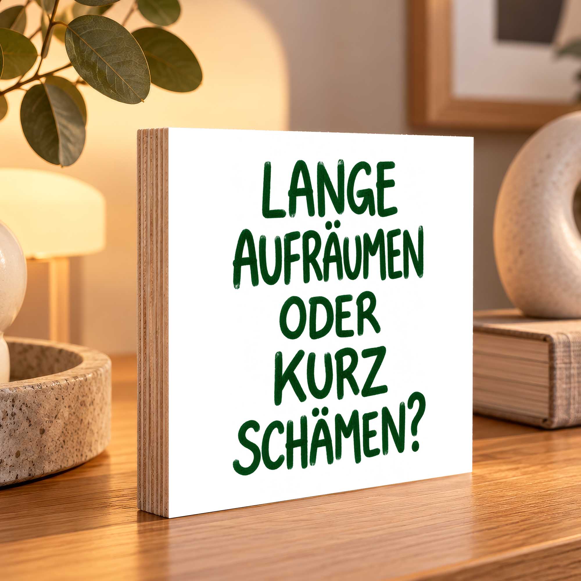Woodprint Lange aufräumen oder kurz schämen? – humorvoller Spruch – Motiv 027