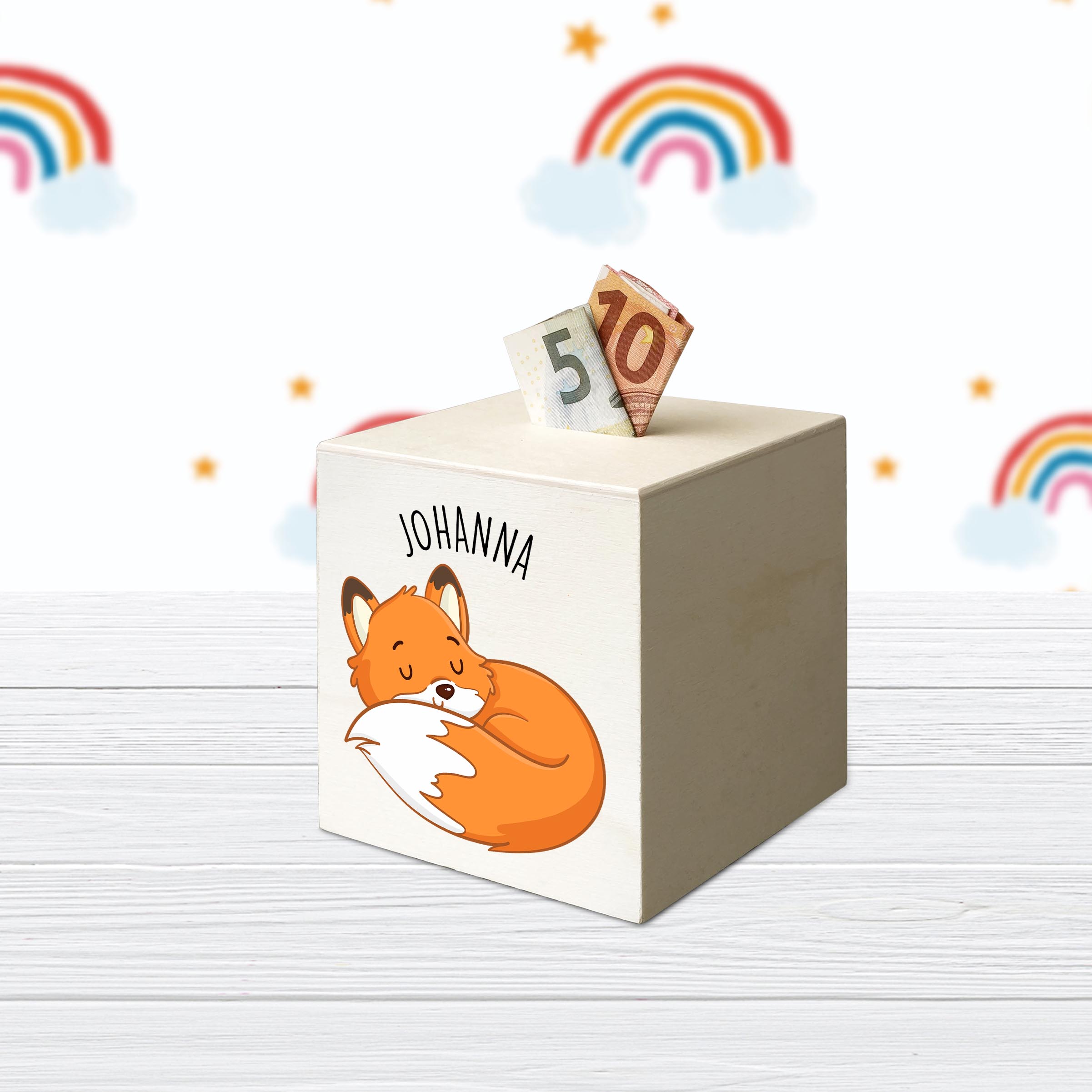 hübsche Holzspardose: personalisierbare Sparbüchse Motiv 04 Fuchs