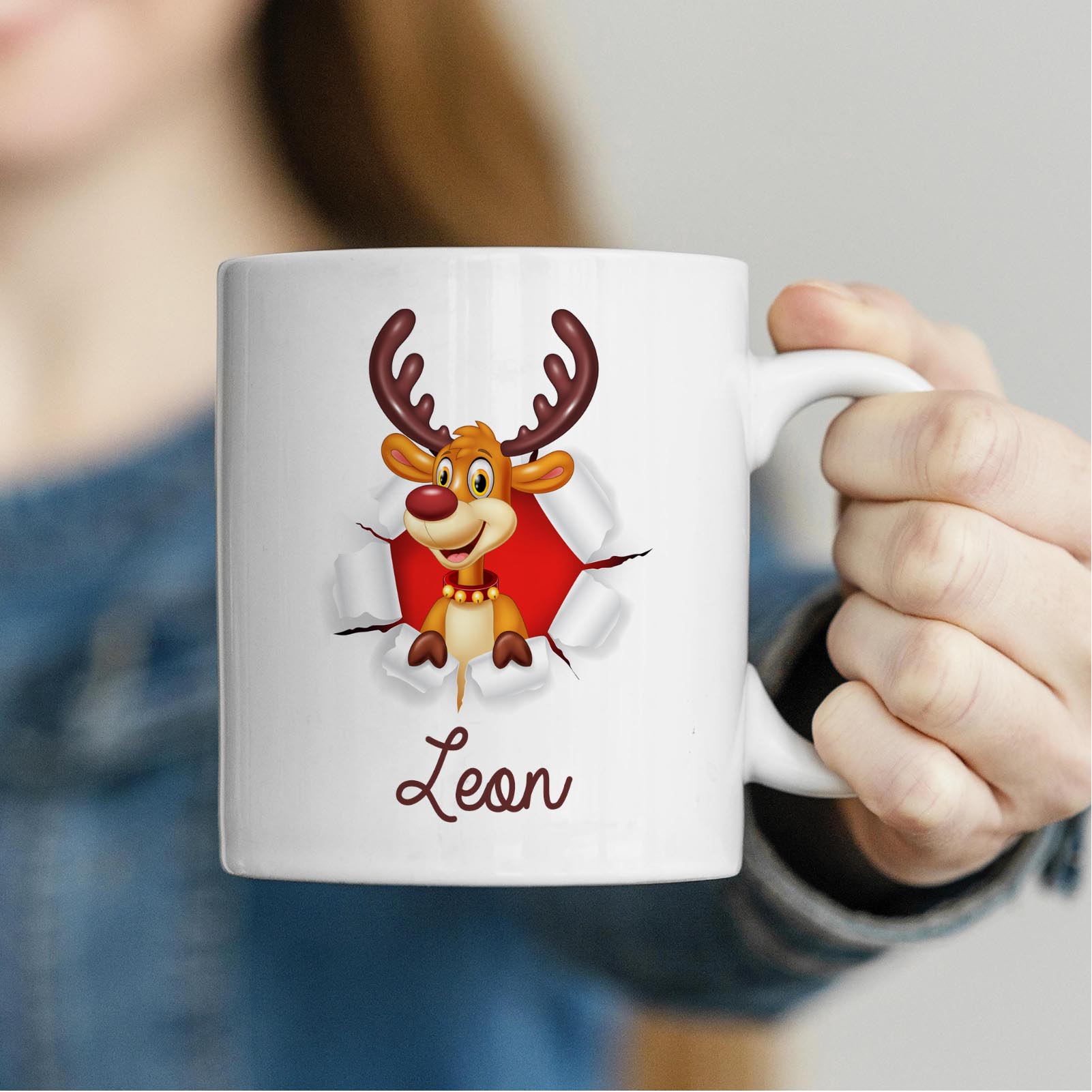 Personalisierte Weihnachtstasse 330 ml – Rentier Motiv mit Name – beidseitig bedruckt