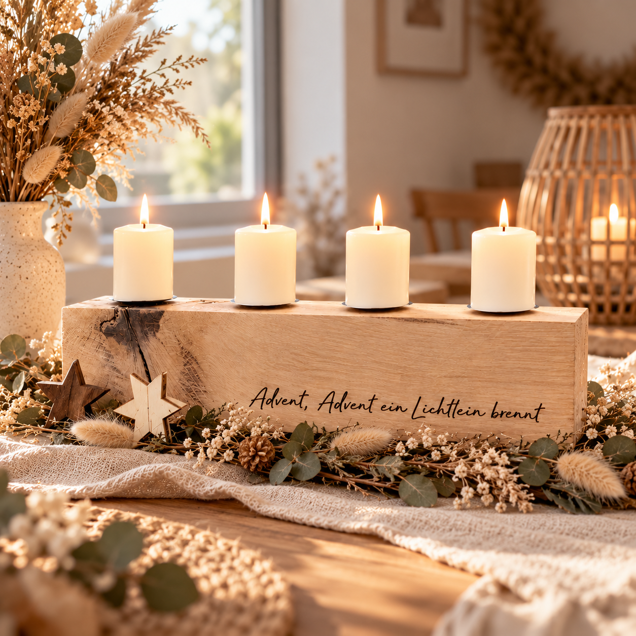Adventskranz edel aus Eichenholz mit Gravur personalisierbar