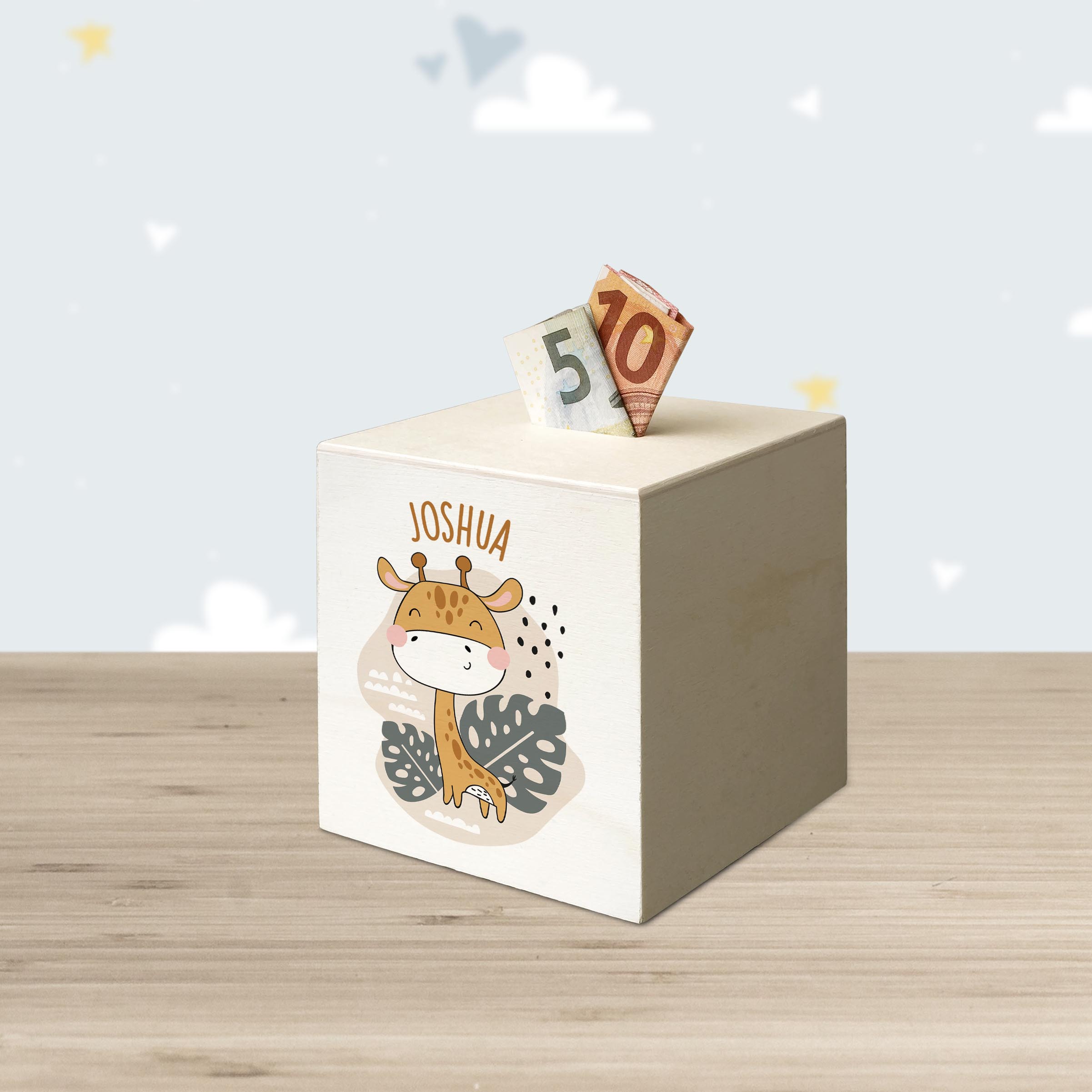 hübsche Holzspardose: personalisierbare Sparbüchse Motiv 32 Giraffe