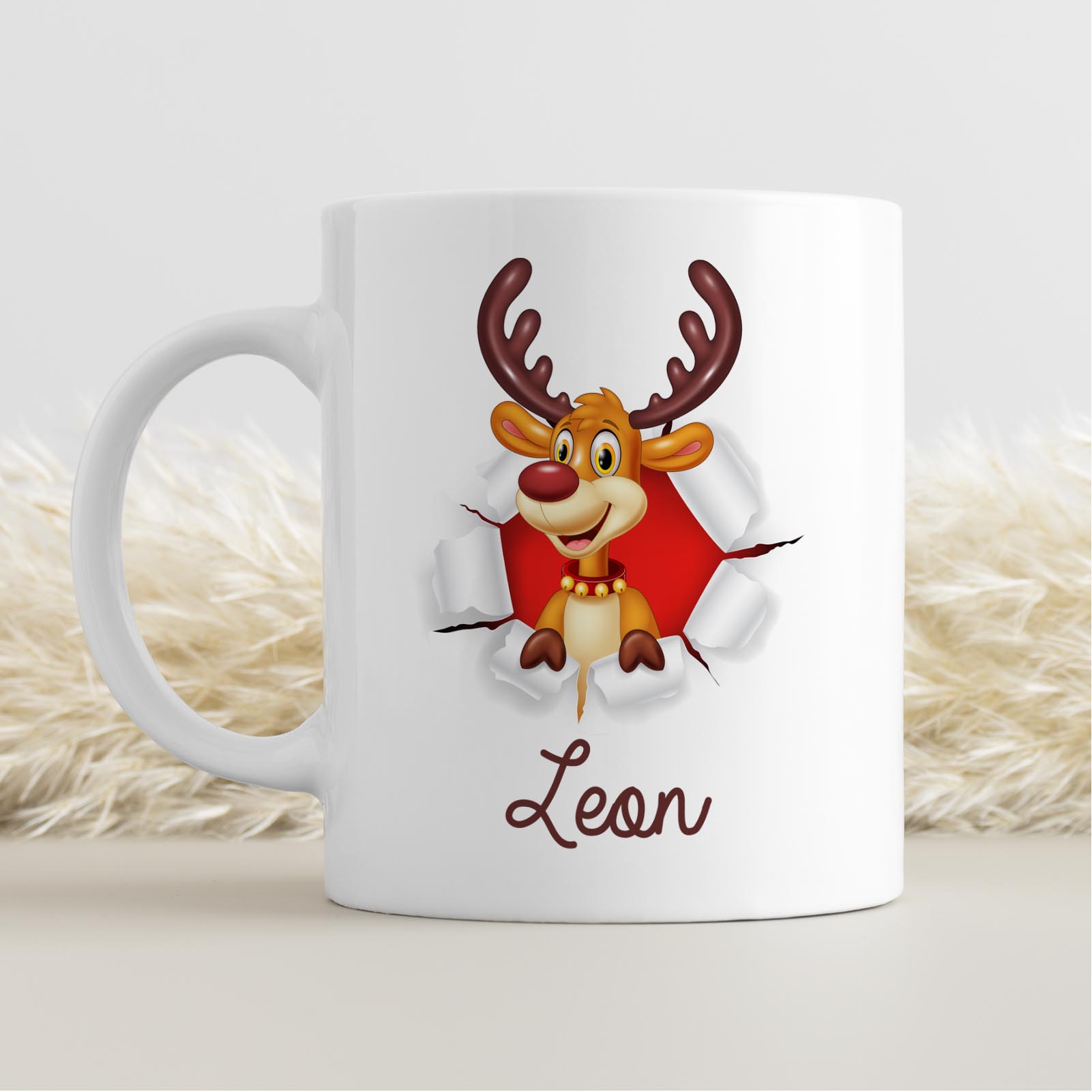 Personalisierte Weihnachtstasse 330 ml – Rentier Motiv mit Name – beidseitig bedruckt