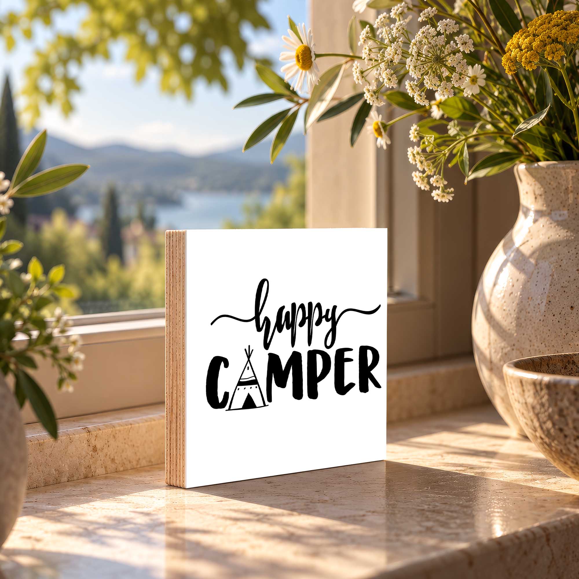 Woodprint Happy Camper – Schriftzug mit Zeltzeichnung – Motiv 004