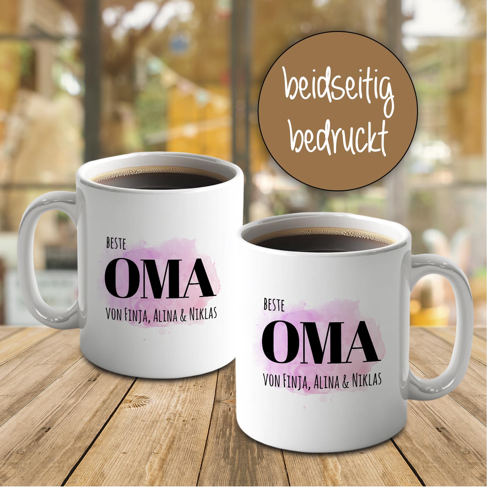 Personalisierte Tasse 330 ml – Beste Oma der Welt – mit Namen der Enkel – beidseitig bedruckt