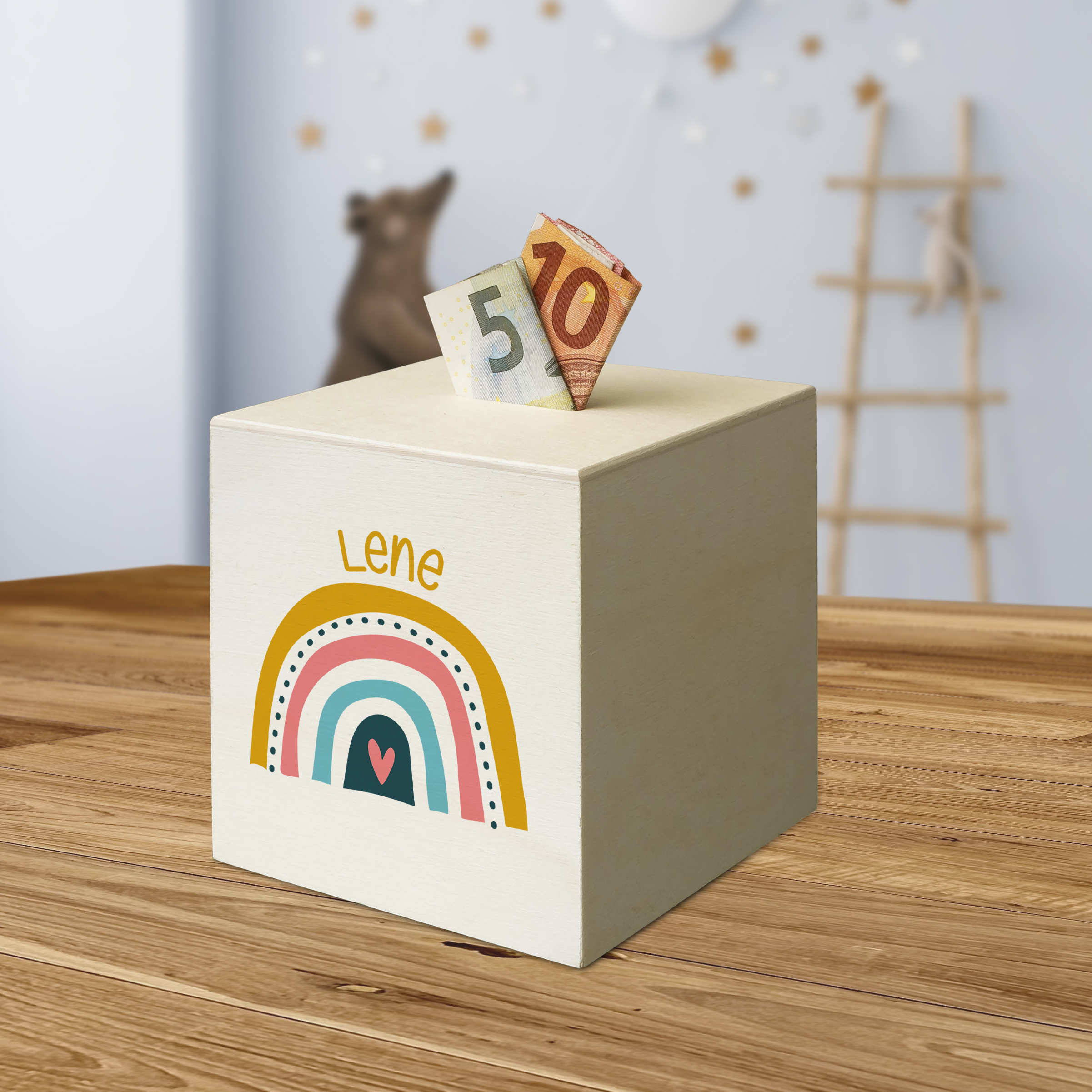 hübsche Holzspardose: personalisierbare Sparbüchse Motiv 17 Regenbogen